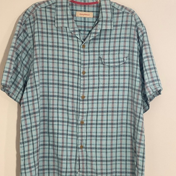 Tommy Bahama Shirt Mens XL Blue Plaid 100% Silk Short Sleeve Button Up Casual - Picture 3 of 9